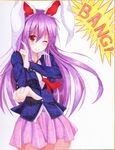  aiming_at_viewer animal_ears blazer bunny_ears colored_pencil_(medium) finger_gun highres jacket kittona long_hair looking_at_viewer millipen_(medium) necktie one_eye_closed pleated_skirt pose purple_hair red_eyes red_neckwear reisen_udongein_inaba shikishi shirt skirt smile solo touhou traditional_media very_long_hair watercolor_(medium) watercolor_pencil_(medium) 