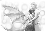  1girl bare_shoulders blush cowboy_shot draco_(monster_musume) dragon_girl dragon_tail dragon_wings dress faceless faceless_male greyscale hug lutherniel monochrome monster_girl monster_musume_no_iru_nichijou out_of_character scales signature sketch sleeveless slit_pupils tail wings 