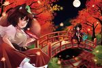  animal_ears asymmetrical_wings autumn black_eyes black_hair black_legwear bridge brown_eyes brown_hair cup fang full_moon futatsuiwa_mamizou houjuu_nue leaf leaf_on_head maple_leaf moon multiple_girls night raccoon_ears river sakazuki sen1986 tabi touhou wings 