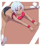  ass breasts butt_crack dark_skin earrings flexible full_body gradient_hair highres jewelry medium_breasts multicolored_hair nakamura_yukitoshi original purple_eyes shiny shiny_skin shoes short_hair short_shorts shorts silver_hair sketch sneakers socks solo sports_bikini spread_legs stretch wristband 