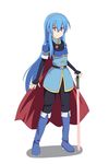  &gt;:) alternate_costume armor blue_hair boots brooch cape cato_(monocatienus) cosplay crazy_eyes fingerless_gloves fire_emblem gloves hairband high_heel_boots high_heels highres hinanawi_tenshi jewelry long_hair marth marth_(cosplay) red_eyes smile solo sword_of_hisou touhou tsurime tunic v-shaped_eyebrows very_long_hair 