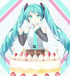  aqua_eyes aqua_hair butatikin cake candle detached_sleeves finger_to_mouth food fork fruit happy_birthday hatsune_miku headphones highres long_hair necktie see-through smile solo strawberry twintails very_long_hair vocaloid 