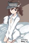  brown_eyes brown_hair dated flat_chest kantai_collection kneehighs long_sleeves looking_at_viewer mku naked_shirt on_bed ryuujou_(kantai_collection) seiza shirt sitting sleeves_past_wrists solo twintails twitter_username visor_cap white_legwear white_shirt 