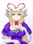  anesaki bad_id bad_pixiv_id blonde_hair breasts choker cleavage collarbone dress elbow_gloves eyelashes fan folding_fan gloves gradient gradient_background hat highres large_breasts long_hair looking_at_viewer mob_cap purple_dress short_sleeves simple_background smile solo touhou white_gloves yakumo_yukari 
