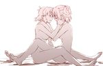  bad_id bad_pixiv_id bed blush couple hair_ornament hair_ribbon hand_on_another's_cheek hand_on_another's_face hands_on_another's_shoulders kohinata_miku monochrome multiple_girls nude ribbon senki_zesshou_symphogear tachibana_hibiki_(symphogear) tsuta_no_ha yuri 