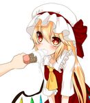  ascot bad_id bad_pixiv_id blonde_hair bow collarbone dripping flandre_scarlet food frills hands hat hat_bow hat_ribbon holding ice_cream ice_cream_cone koyashaka long_hair looking_up mob_cap out_of_frame red_bow red_eyes red_ribbon red_skirt ribbon sexually_suggestive short_sleeves simple_background sitting skirt skirt_set solo_focus touhou v_arms very_long_hair white_background wings 