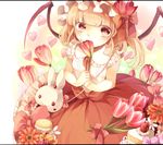  alternate_costume bare_arms blonde_hair bow cake cookie flandre_scarlet flower food hat hat_bow heart highres looking_at_viewer mob_cap red_eyes senju_(uroakono) shirt skirt sleeveless sleeveless_shirt smelling_flower solo stuffed_animal stuffed_bunny stuffed_toy touhou wings 