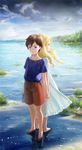  anna_(omoide_no_marnie) arata_yokoyama back-to-back bad_id bad_pixiv_id barefoot blonde_hair blue_eyes brown_hair cloud cloudy_sky curly_hair day dress full_body holding_hands interlocked_fingers lake long_hair looking looking_down marnie multiple_girls omoide_no_marnie outdoors profile shoes short_hair shorts sky sneakers standing wading water white_dress 