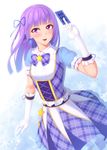  aikatsu! aikatsu!_(series) blush card commentary_request dress gloves hikami_sumire kedama_keito long_hair purple_eyes purple_hair solo 