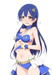  alternate_costume bangs bare_shoulders bikini blue_hair blush breasts bridal_gauntlets clearite cleavage cowboy_shot detached_collar embarrassed flying_sweatdrops from_side gem hair_ornament hand_on_own_chest hand_on_own_stomach jewelry long_hair looking_at_viewer love_live! love_live!_school_idol_project navel open_mouth orange_eyes revision shangri-la_shower showgirl_skirt skirt small_breasts solo sonoda_umi standing swimsuit transparent_background 