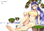  anklet arm_support armlet bare_shoulders barefoot blue_hair bracelet breasts circlet dean floating_rock gaia_(p&amp;d) goddess green_eyes jewelry large_breasts long_hair looking_at_viewer navel puzzle_&amp;_dragons sitting solo 