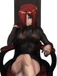  breasts cross cross_necklace crossed_legs goat_(121516haihun) hair_over_one_eye highres inverted_cross jewelry large_breasts long_hair miniskirt necklace parasoul_(skullgirls) red_hair sitting skirt skullgirls smile solo sweater throne yellow_eyes 