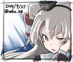  amatsukaze_(kantai_collection) brown_eyes close-up dated fang hand_on_own_face headgear kantai_collection long_hair long_sleeves looking_at_viewer mku one_eye_closed open_mouth sailor_collar silver_hair solo twitter_username two_side_up 