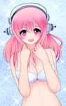  bikini blush breasts cleavage headphones highres large_breasts long_hair looking_at_viewer magpii navel nitroplus open_mouth pink_eyes pink_hair smile solo super_sonico swimsuit 
