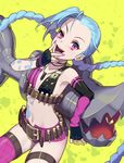  1girl bazooka belt blue_hair braid fingerless_gloves gloves jinx_(league_of_legends) league_of_legends long_hair looking_at_viewer midriff nail_polish navel open_mouth pink_eyes short_shorts shorts single_thighhigh solo tattoo thighhighs twin_braids twintails weapon 