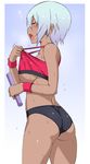  ass bare_shoulders blush breasts closed_eyes dark_skin earrings gradient_hair highres holding jewelry medium_breasts multicolored_hair nakamura_yukitoshi open_mouth original relay_baton short_hair short_shorts shorts silver_hair solo sports_bikini sweat track_suit underboob wristband 