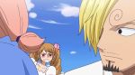  2girls animated animated_gif blush brown_eyes brown_hair charlotte_chiffon charlotte_pudding dress female hetero long_hair looking_back multiple_girls one_piece sanji shiny shiny_hair siblings sisters sky twintails wedding_dress 