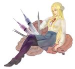  blonde_hair bolt crossed_legs fierlupin flats franken_fran highres lips long_hair madaraki_fran nose pantyhose ribbon scalpel scissors sitting skirt solo stethoscope stitches syringe 