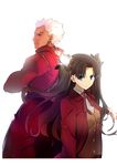  1girl archer blue_eyes brown_hair dark_skin fate/stay_night fate_(series) highres long_hair samuraig toosaka_rin two_side_up white_hair 