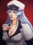  1girl akame_ga_kill! blue_eyes blue_hair breasts cleavage esdeath esdese hat large_breasts long_hair looking_at_viewer solo square_enix standing uniform 