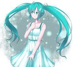  aqua_eyes aqua_hair butatikin dress hair_ribbon hand_on_own_chest hatsune_miku long_hair ribbon solo twintails very_long_hair vocaloid 