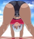  all_fours ass bent_over blush breasts cameltoe cloud covered_nipples dark_skin day embarrassed from_behind highres large_breasts looking_at_viewer looking_back nakamura_yukitoshi original purple_eyes short_hair short_shorts shorts silver_hair sketch sky solo sports_bikini track_suit viewfinder wristband 