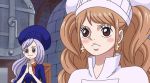  2girls animated animated_gif blood blush breasts brown_eyes brown_hair charlotte_pudding falling female hat long_hair looking_back multiple_girls one_piece shiny shiny_hair smile talking twintails 