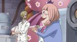  1boy 2girls animated animated_gif blonde_hair blush brown_eyes brown_hair charlotte_chiffon charlotte_pudding eating female food long_hair multiple_girls one_piece sanji shiny shiny_hair short_hair siblings sisters smile talking trembling twintails 