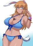  alternate_skin_color animal_ears between_breasts bikini blue_bikini blue_bow blue_eyes blush bow bracelet breasts bunny_ears bunny_tail charlotte_e_yeager cleavage collarbone dark_skin digital_media_player earbuds earphones gradient_hair groin highres jewelry komusou_(jinrikisha) large_breasts long_hair looking_at_viewer multicolored_hair navel orange_hair side-tie_bikini single_earphone_removed smile solo strike_witches swimsuit tail tan tanline world_witches_series wristband 