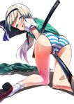  absurdres ass bad_id bad_pixiv_id cameltoe crotch_rub fukurou_(suga0930) highres kneeling konpaku_youmu looking_at_viewer looking_back masturbation open_mouth panties pussy_juice pussy_juice_drip_through_clothes pussy_juice_puddle pussy_juice_trail saliva scabbard sheath skirt skirt_removed smile solo striped striped_panties sweat sword tears touhou underwear weapon wet wet_clothes wet_panties 