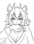 animal_ears biting biting_hand breasts chupacabra cleavage fangs greyscale horns large_breasts monochrome monorus monster_girl original personification poncho short_hair sketch solo_focus 