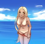  bikini_bottom bikini_pull bikini_tan blonde_hair blush breasts day exhibitionism green_eyes grin long_hair looking_at_viewer medium_breasts monorus navel nipples ocean pokemon pokemon_(game) pokemon_xy pulled_by_self pussy smile solo swimmer_(pokemon) tan tanline topless uncensored undressing very_long_hair 