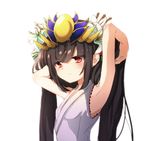  androgynous armpits arms_up bare_shoulders black_hair blush breasts emia_(castilla) flower hair_flower hair_ornament haori headpiece japanese_clothes long_hair puzzle_&amp;_dragons red_eyes simple_background small_breasts solo sweatdrop very_long_hair white_background yomi_(p&amp;d) 
