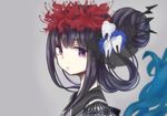  abunou akemi_homura black_hair flower grey_background hair_bun hair_flower hair_ornament hair_up hairpin homulilly long_hair looking_back mahou_shoujo_madoka_magica mahou_shoujo_madoka_magica_movie portrait purple_eyes simple_background solo spider_lily 