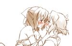  arms_around_neck bad_id bad_pixiv_id blush bra couple hair_ornament hair_ribbon kohinata_miku monochrome multiple_girls ribbon senki_zesshou_symphogear shirt_slip sweat tachibana_hibiki_(symphogear) tsuta_no_ha underwear yuri 