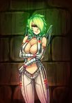  bare_shoulders bfg_9000 bfg_9000_(personification) bodysuit breasts center_opening cleavage doom_(game) elbow_gloves fingerless_gloves gloves glowing glowing_hair green_eyes hair_over_one_eye holding_arm large_breasts monorus personification red_eyes revealing_clothes revision short_hair solo 