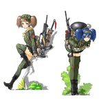  bad_id bad_pixiv_id blue_eyes blue_hair boots brown_eyes brown_hair camouflage coh commentary cross-laced_footwear flower grass green_hat green_legwear gun hairband hat lace-up lace-up_boots leaning leaning_forward leg_up long_hair long_legs long_sleeves looking_at_viewer mars_expedition military military_uniform multiple_girls open_mouth rifle rock simple_background smile strap thighhighs twintails uniform weapon weapon_request white_background zettai_ryouiki 