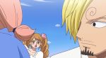  2girls animated animated_gif blush brown_eyes brown_hair charlotte_chiffon charlotte_pudding dress female happy hetero long_hair looking_back multiple_girls one_piece sanji shiny shiny_hair siblings sisters sky smile sweat twintails wedding_dress 