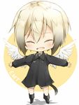  ^_^ amai_nekuta blonde_hair blush chibi closed_eyes erica_hartmann military_jacket outstretched_arms solo strike_witches tail wings world_witches_series 