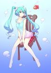  ahoge aqua_eyes aqua_hair barefoot bracelet chair diving_mask dress feet fish full_body gogatsu_no_renkyuu hatsune_miku jewelry long_hair scrunchie sitting snorkel solo toenail_polish toenails toes twintails vocaloid 