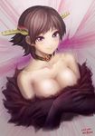  bare_shoulders blush breasts brown_hair choker cleavage dress elbow_gloves gloves headgear hiei_(kantai_collection) ichiban_renga kantai_collection medium_breasts purple_eyes short_hair smile solo strapless strapless_dress upper_body 