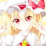  ascot asymmetrical_hair blonde_hair closed_mouth dei_(dirmu) double_v dress flandre_scarlet hair_between_eyes hat highres looking_at_viewer mob_cap portrait pov puffy_short_sleeves puffy_sleeves red_dress red_eyes short_hair short_sleeves side_ponytail smile solo touhou upper_body v 