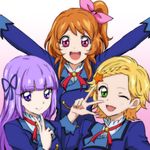  :d ;d aikatsu! aikatsu!_(series) arms_up bangs blazer blonde_hair blunt_bangs blush bow brown_hair commentary_request eyelashes gradient gradient_background green_eyes hair_ornament hair_ribbon happy hikami_sumire jacket long_hair looking_at_viewer multiple_girls one_eye_closed one_side_up oozora_akari open_mouth outstretched_arms pink_background pink_bow pink_eyes ponytail purple_eyes purple_hair ribbon round_teeth school_uniform shinjou_hinaki smile standing starlight_academy_uniform teeth tsukikage_oyama v white_background 