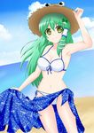  bikini breasts cleavage eyes frog_hair_ornament green_eyes green_hair hair_ornament hat highres kochiya_hizuki kochiya_sanae large_breasts long_hair revision sarong snake_hair_ornament solo swimsuit touhou 