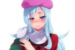  1girl bad_id bad_pixiv_id blue_eyes blue_hair blush gloves hand_in_hair happinesscharge_precure! hat hosshiwa jewelry light_blue_hair long_hair looking_at_viewer mogiki_hayami namakeruda pink_hat precure ring 