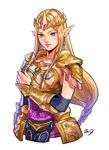  armor blonde_hair blue_eyes earrings jewelry long_hair no_legs okada_(hoooojicha) pointy_ears princess_zelda solo the_legend_of_zelda tiara white_background zelda_musou 