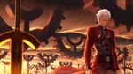  archer dark_skin dark_skinned_male excalibur fate/stay_night fate_(series) field_of_blades gears kotera_ryou male_focus planted_sword planted_weapon solo sword unlimited_blade_works weapon white_hair 