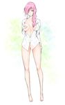  barefoot blue_eyes breasts covered_nipples covering covering_one_breast final_fantasy final_fantasy_xiii hair_over_one_eye large_breasts legs libre lightning_farron looking_at_viewer nipples open_clothes open_shirt pink_hair see-through shirt solo thighs 