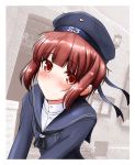  1girl bangs blunt_bangs blush border brown_eyes brown_hair closed_mouth clothes_writing comiket_90 commentary_request dress eyebrows_visible_through_hair eyes_visible_through_hair hat highres kantai_collection long_sleeves looking_at_viewer mochizuki_kazuto navy_blue_dress navy_blue_hat nose_blush photo_background sailor_collar sailor_dress sailor_hat shiny shiny_hair short_hair solo upper_body v_arms white_border z3_max_schultz_(kantai_collection) 