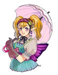  agitha blonde_hair earrings gloves gothic_lolita jewelry lolita_fashion long_hair no_legs okada_(hoooojicha) pointy_ears purple_eyes smile solo the_legend_of_zelda the_legend_of_zelda:_twilight_princess twintails umbrella white_background wings zelda_musou 